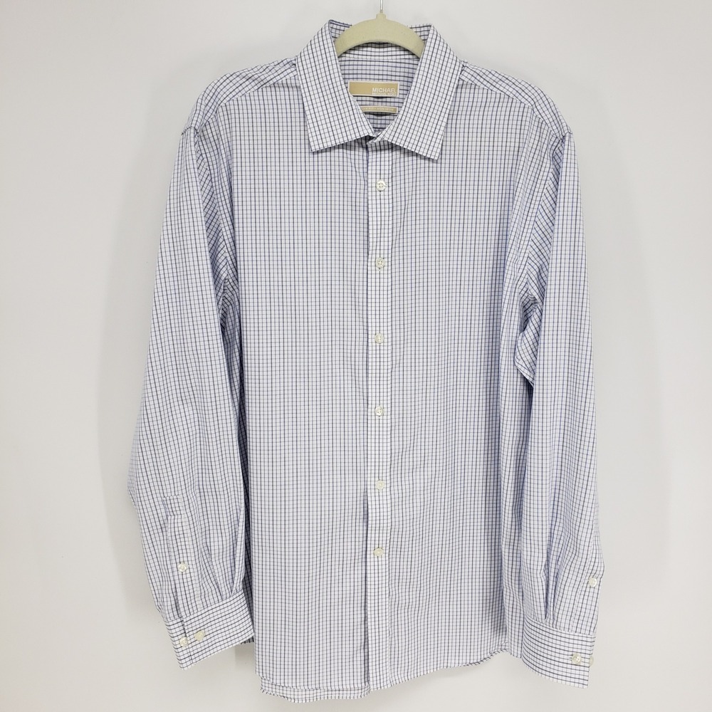 Michael Kors Plaid Dress Shirt Mens 17 34/35 Blue White Button Down Non Iron